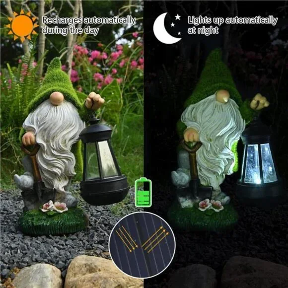 Funny Garden Gnome Statue Outdoor Resin Gnome Figurine Outdoor Solar Powered LED